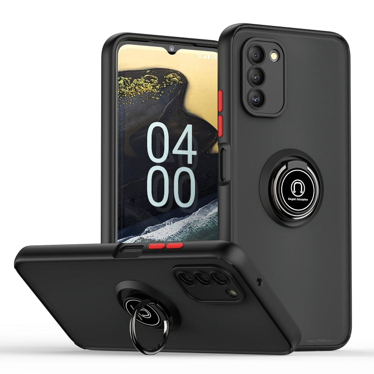 Black TPU+PC phone case with ring holder, red accents, and camera cutouts