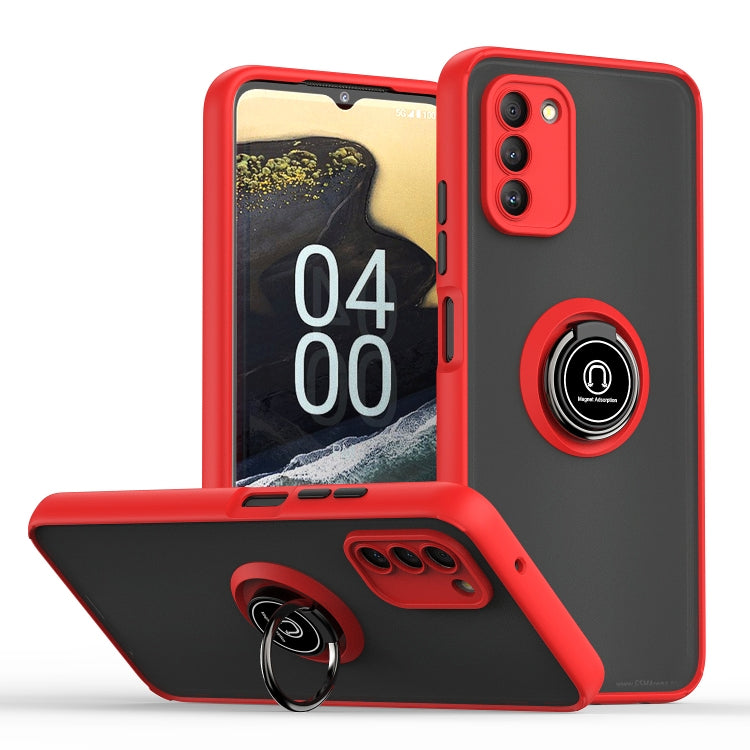 Red and black TPU+PC phone case with ring holder and dual camera cutouts