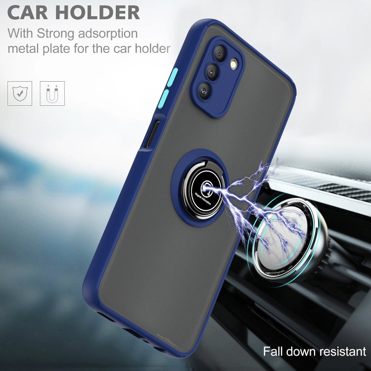 Blue phone case with built-in circular ring holder and camera cutout, viewed at an angle