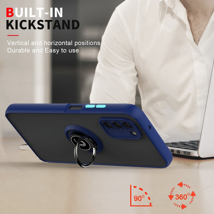 Blue phone case with circular ring holder and built-in kickstand extended for standing