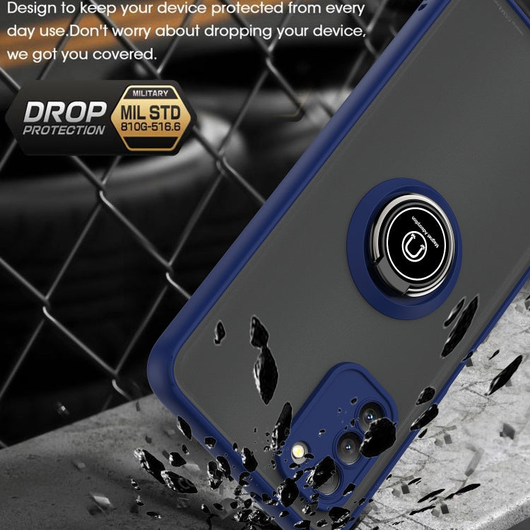 Blue and dark phone case with circular ring holder and camera opening, rugged edge design