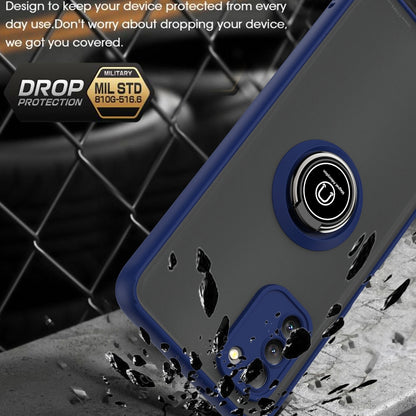 Blue and dark phone case with circular ring holder and camera opening, rugged edge design