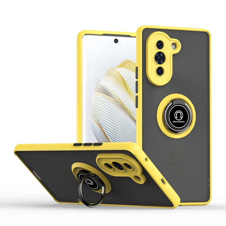 Yellow and black TPU+PC phone case with ring holder and camera cutouts