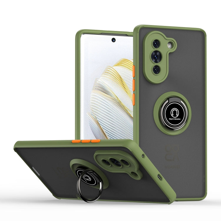 Green TPU/PC phone case with ring holder, camera cutouts, and folding kickstand