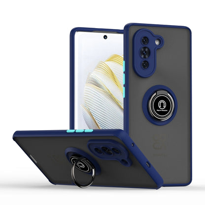 Blue TPU/PC phone case with ring holder, camera cutouts, and folding kickstand