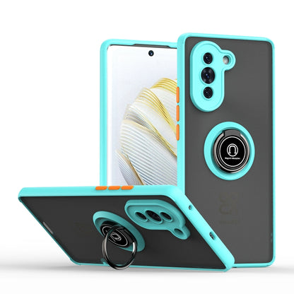 Light blue TPU/PC phone case with ring holder, camera cutouts, and folding kickstand