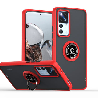 Red TPU/PC phone case with ring holder, camera cutouts, and folding kickstand