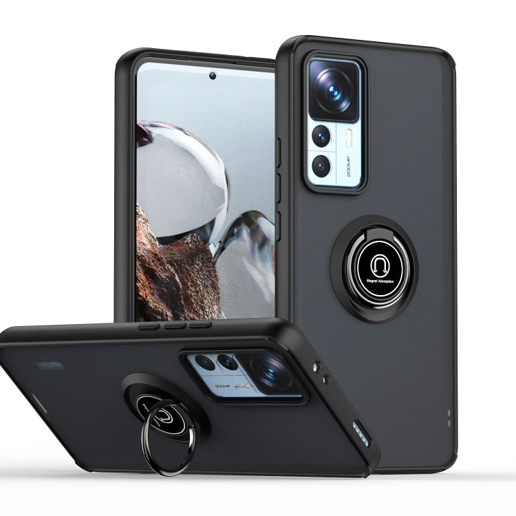 Black TPU/PC phone case with ring holder, camera cutouts, and folding kickstand