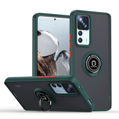 Dark green TPU/PC phone case with ring holder, camera cutouts, and folding kickstand