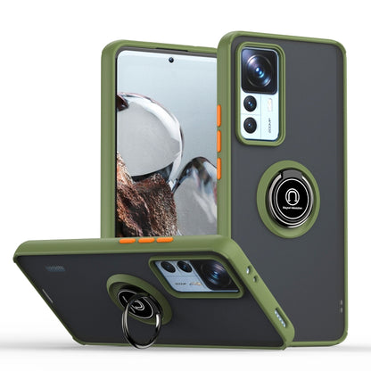 Olive green TPU/PC phone case with ring holder, camera cutouts, and folding kickstand