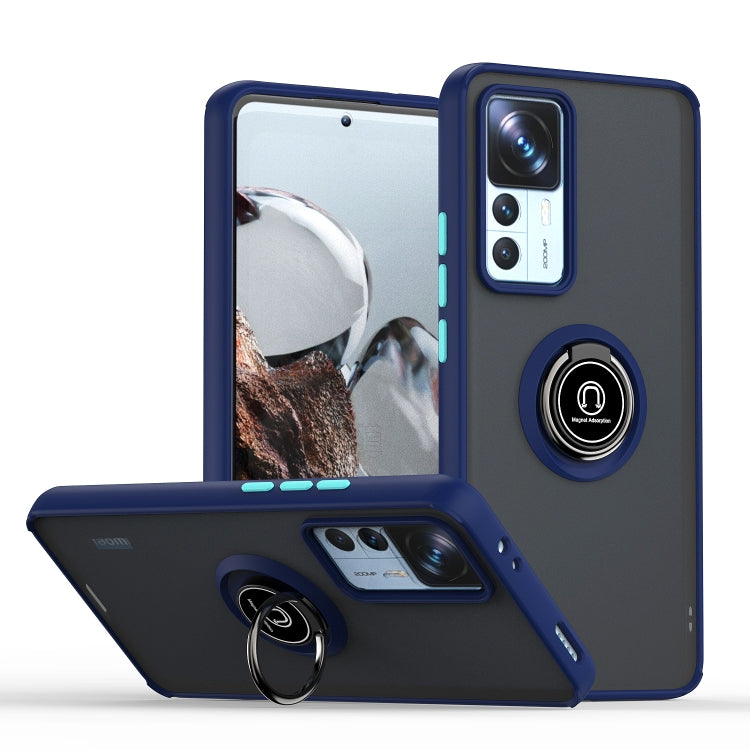 Royal blue TPU/PC phone case with ring holder, camera cutouts, and folding kickstand