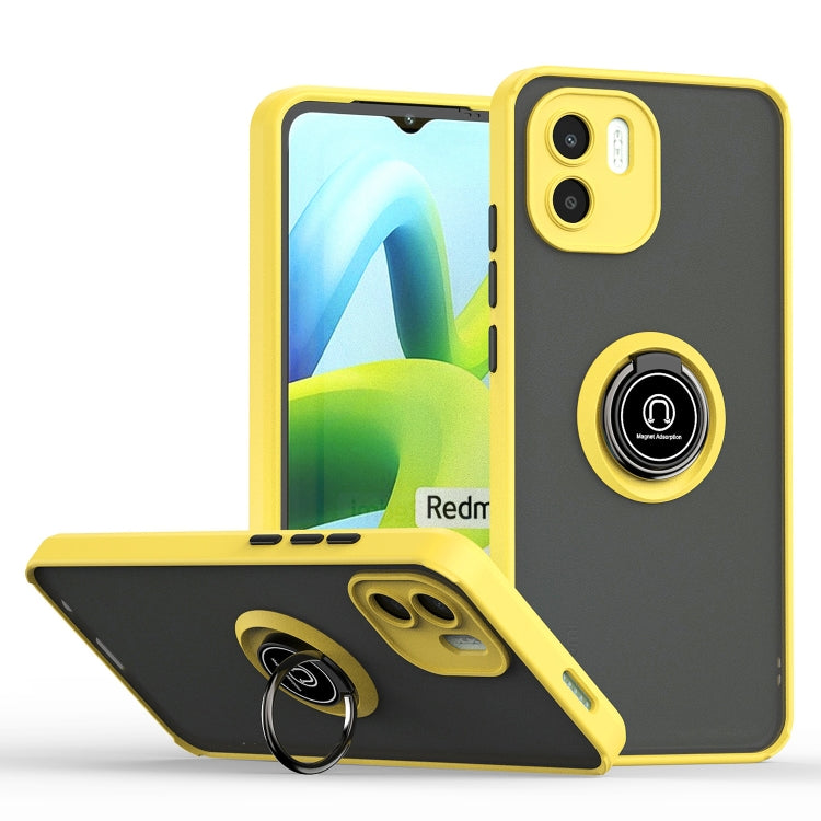 Phone case with ring holder, yellow TPU frame and dark back, for protection