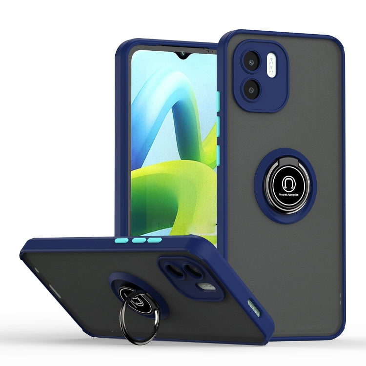 Phone case with ring holder, royal blue TPU frame and dark back, all-around cover