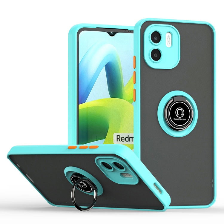 Phone case with ring holder, sky blue TPU frame and dark back, secure fit