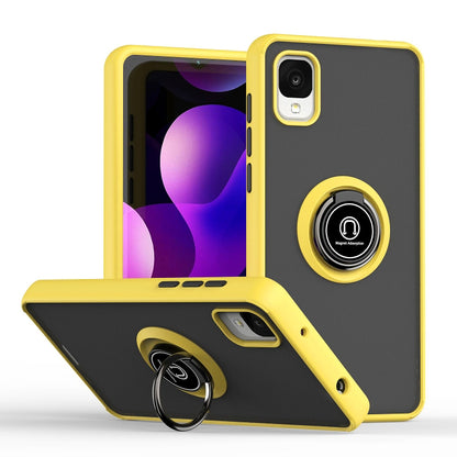 Phone case with ring holder, yellow TPU frame and dark back, secure phone cover