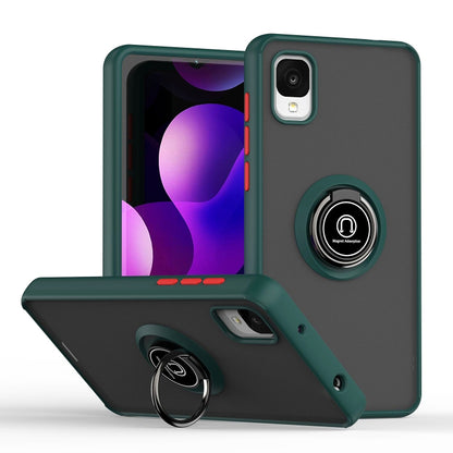 Green and dark phone case with circular ring holder on the back and camera cutout