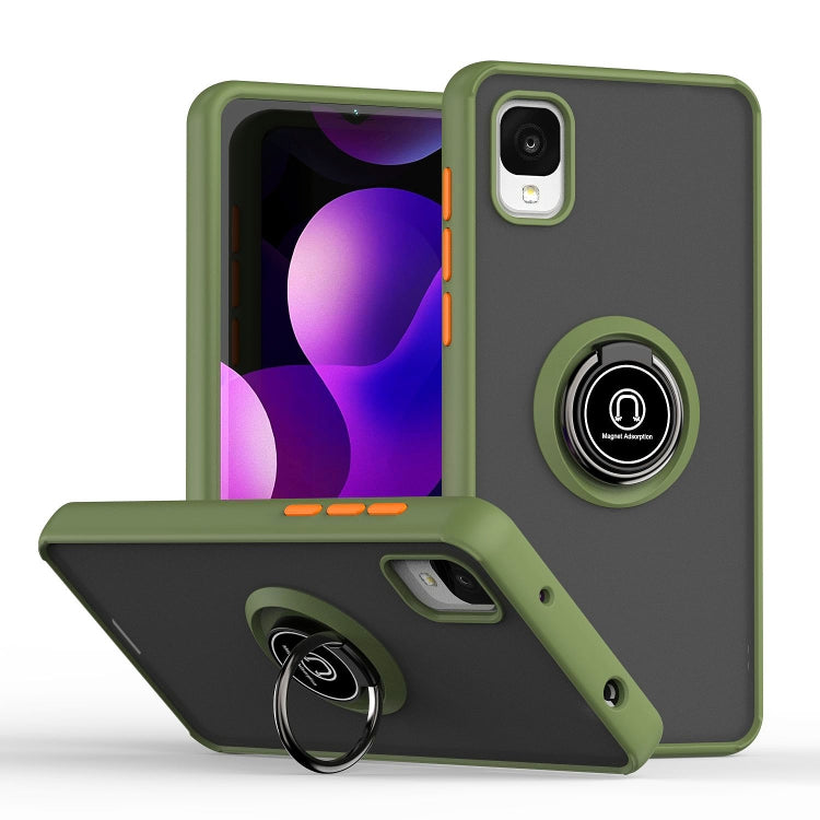 Dark gray phone case with green edges and circular ring holder, plus raised camera opening