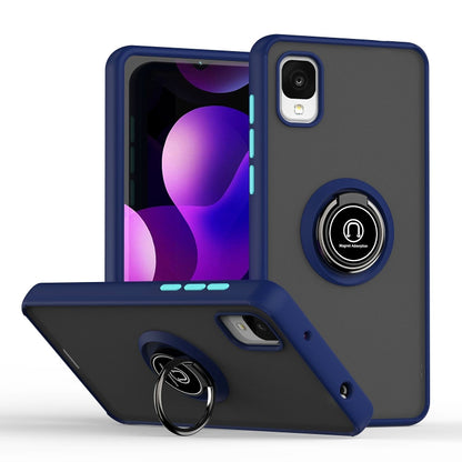 Blue and dark gray phone case with circular ring holder and side button cutouts