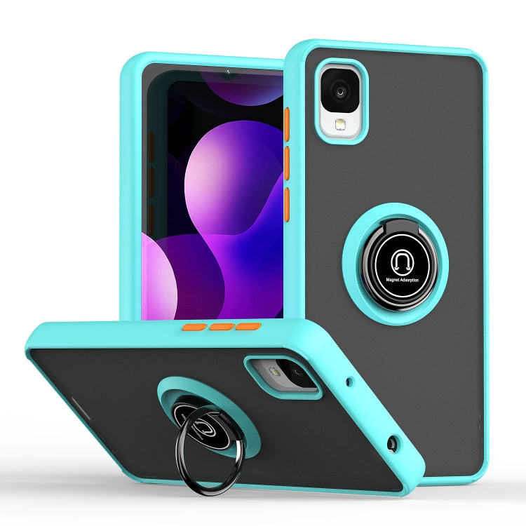 Teal phone case with dark back panel and circular ring holder near the camera