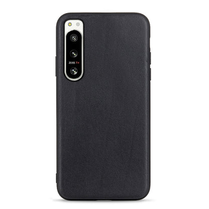 Lambskin leather phone case for Sony Xperia 5 IV, black textured back with camera cutout.