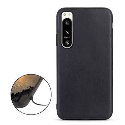 Lambskin leather phone case for Sony Xperia 5 IV, black with texture close-up inset.