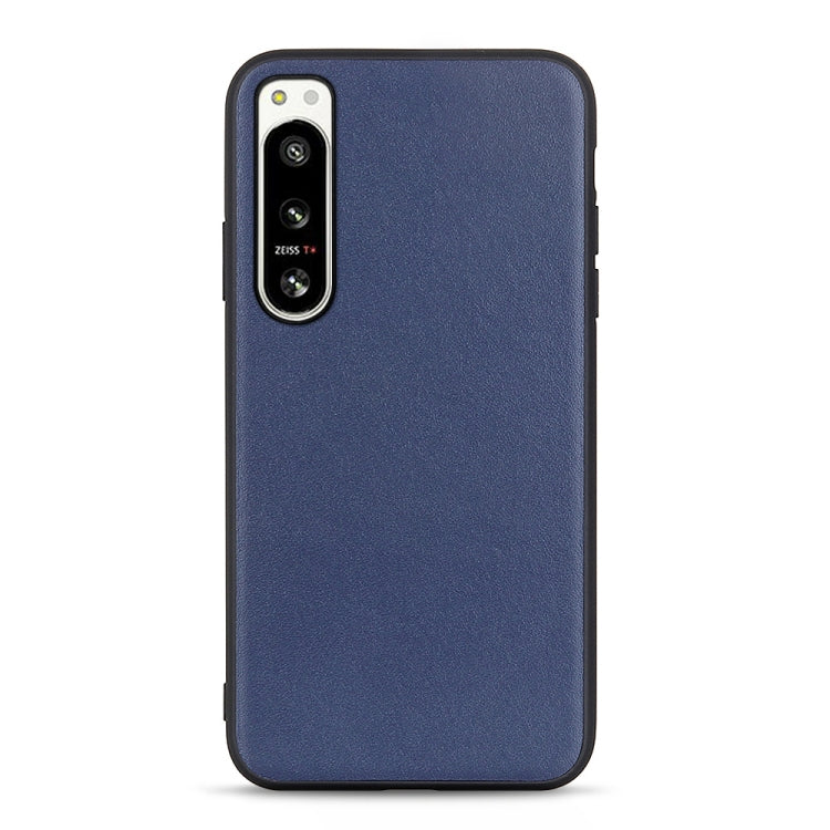 Lambskin leather phone case for Sony Xperia 5 IV, blue textured back and camera cutout.