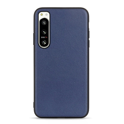 Lambskin leather phone case for Sony Xperia 5 IV, blue textured back and camera cutout.