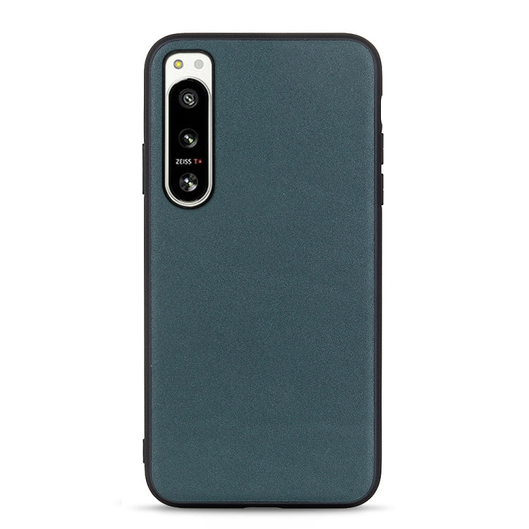 Lambskin leather phone case for Sony Xperia 5 IV, green textured back with camera cutout.
