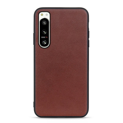 Lambskin leather phone case for Sony Xperia 5 IV, brown textured back with camera cutout.