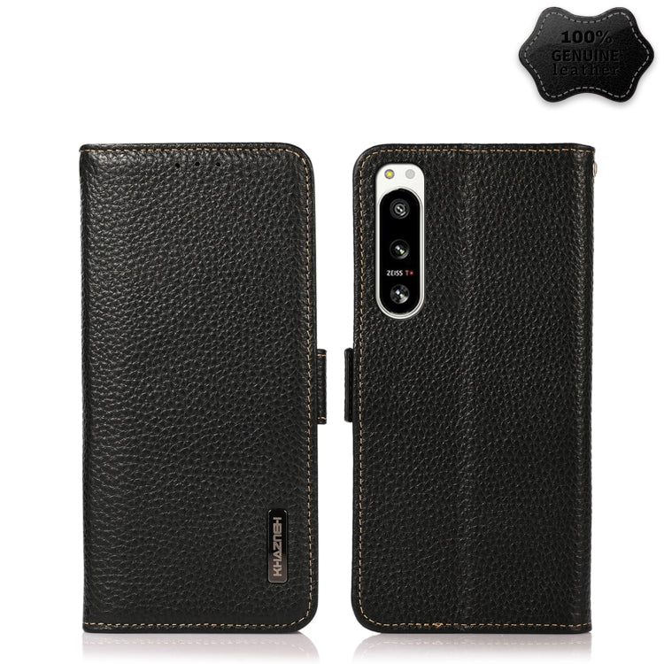 Black litchi-texture genuine leather phone case with side magnetic closure, fits Sony Xperia 5 IV