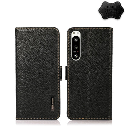 Black litchi-texture genuine leather phone case with side magnetic closure, fits Sony Xperia 5 IV