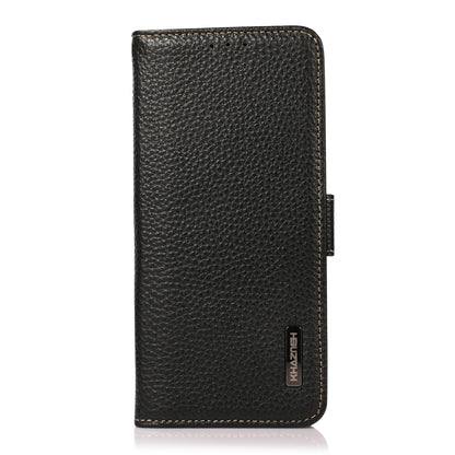 Black litchi-texture leather folio phone case with stitched trim and side magnetic closure