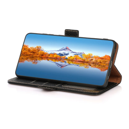 Black leather folio phone case with built-in stand for phone viewing, side magnetic closure