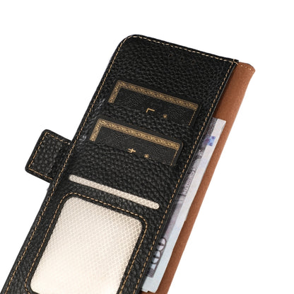 Black litchi-texture leather folio case interior with card slots and stitched ID pocket