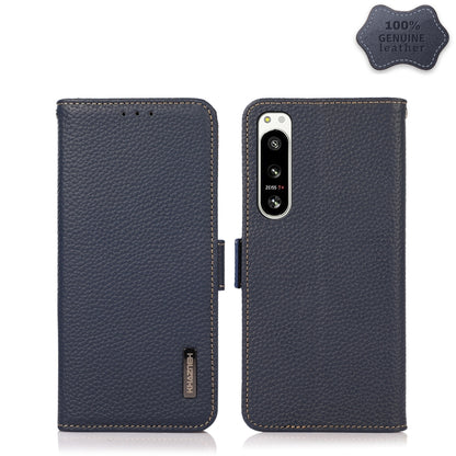 Blue litchi-texture genuine leather phone case with side magnetic closure, fits Sony Xperia 5 IV