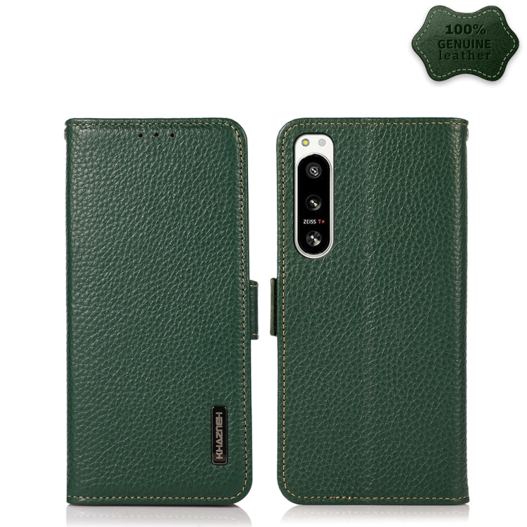 Green litchi-texture genuine leather phone case with side magnetic closure, fits Sony Xperia 5 IV