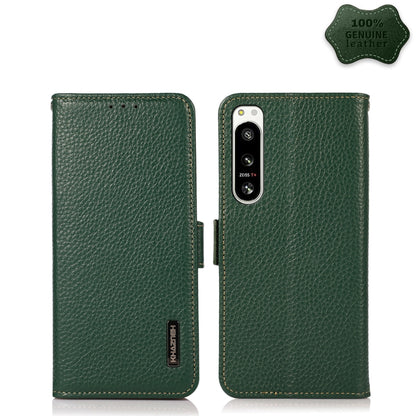 Green litchi-texture genuine leather phone case with side magnetic closure, fits Sony Xperia 5 IV