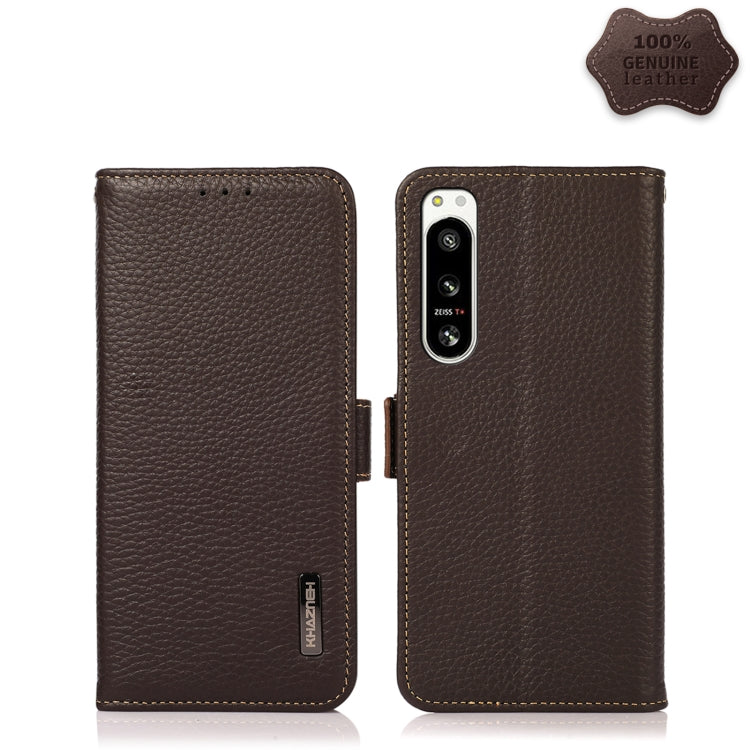 Brown litchi-texture genuine leather phone case with side magnetic closure, fits Sony Xperia 5 IV