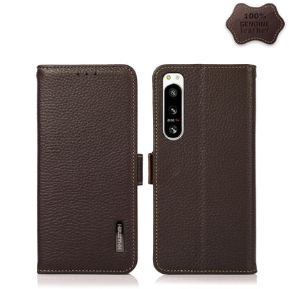 Brown litchi-texture genuine leather phone case with side magnetic closure, fits Sony Xperia 5 IV