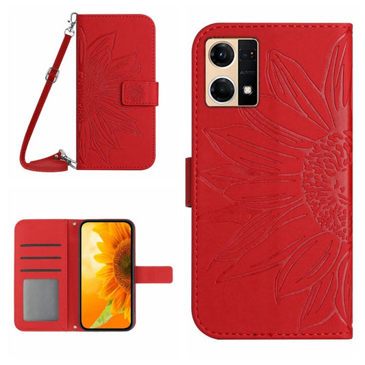 Red flip leather phone case with sunflower texture, front flap, and lanyard strap