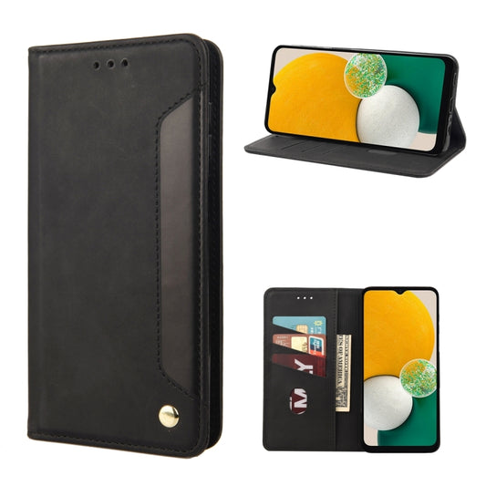 Black leather folio phone case with stitched side panel and snap button closure.