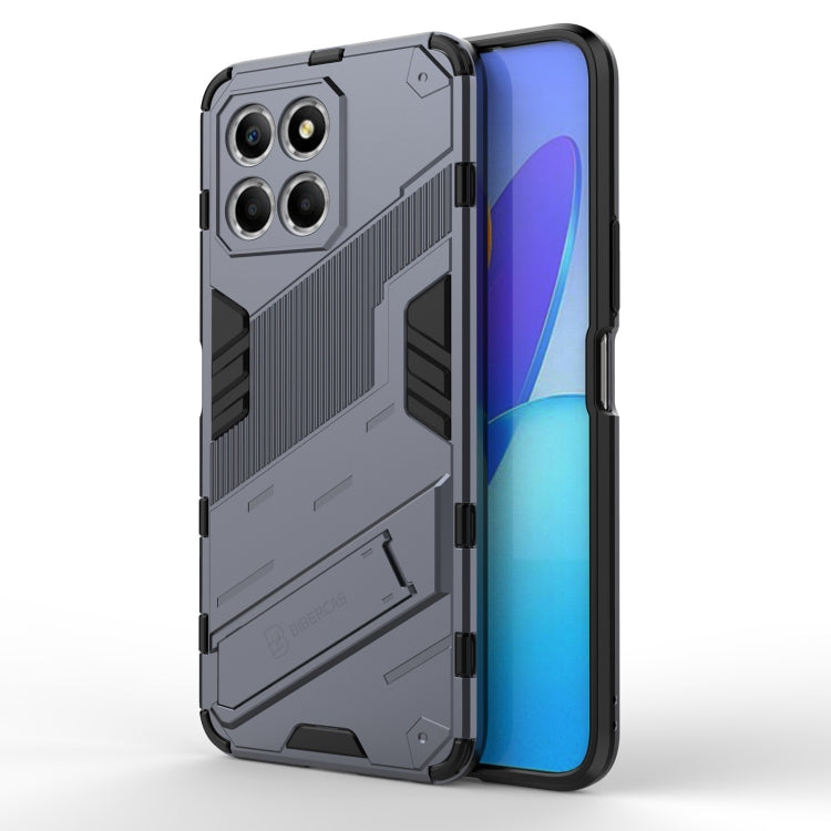 Punk armor phone case with holder, light grey rugged shell with raised camera cutouts