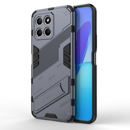 Punk armor phone case with holder, light grey rugged shell with raised camera cutouts