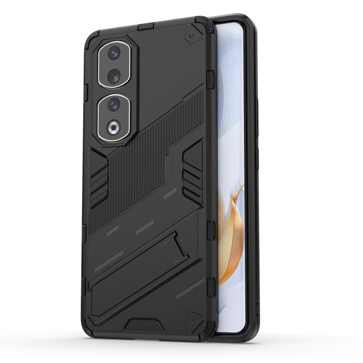Punk armor phone case with holder, black rugged TPU PC shell with camera cutouts