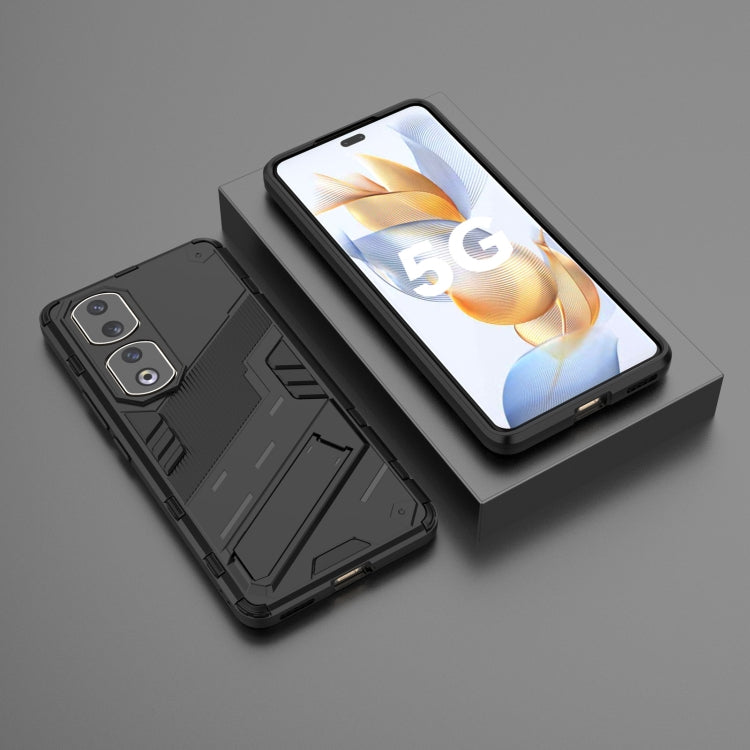 Punk armor phone case, black rugged back with raised camera openings and protective frame