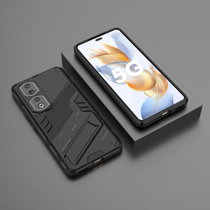 Punk armor phone case, black rugged back with raised camera openings and protective frame