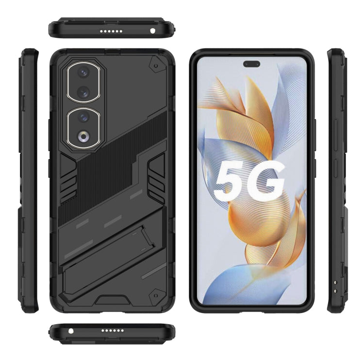 Punk armor phone case with holder, black rugged shell showing top and side buttons