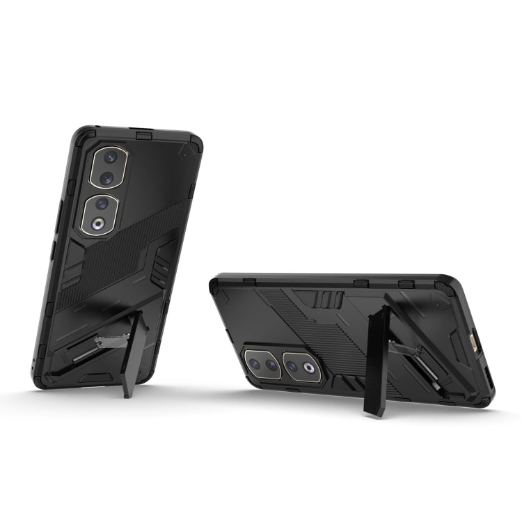 Punk armor phone case with holder, black rugged shell with kickstand extended
