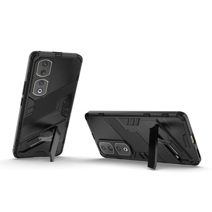 Punk armor phone case with holder, black rugged shell with kickstand extended