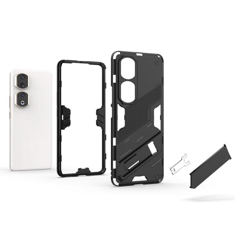 Punk armor phone case with holder, black rugged shell with separate frame pieces